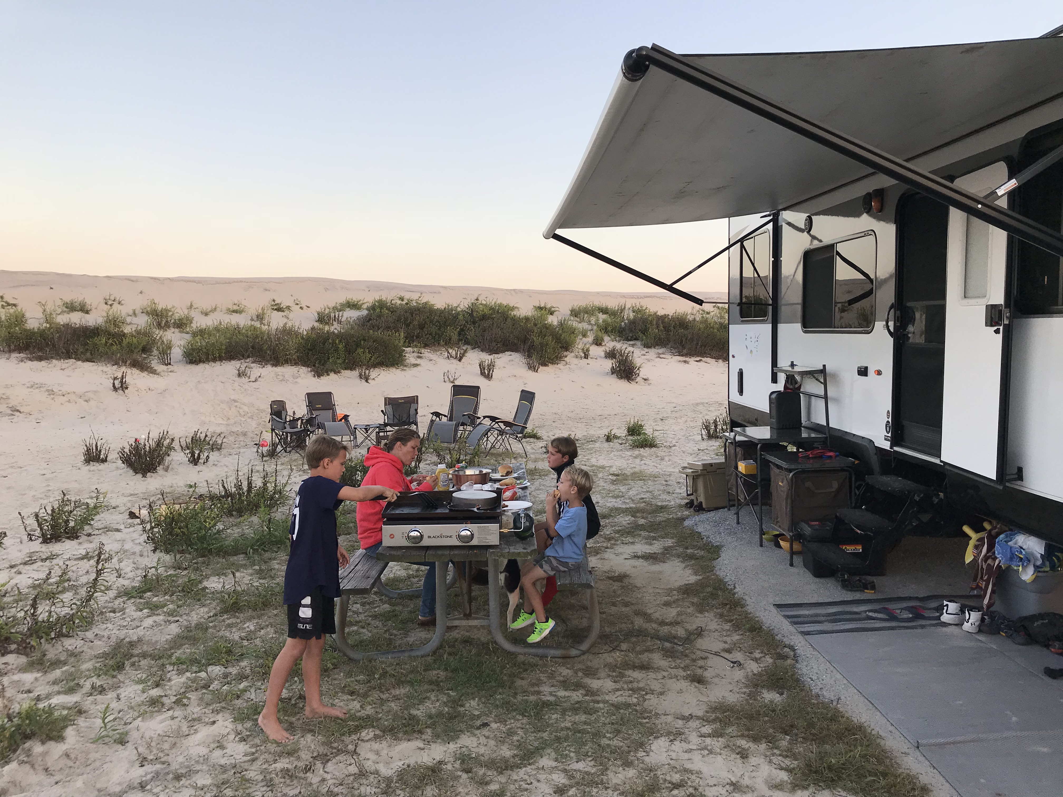 An RV parked in a beachfront site at Assateague Island State Park in Maryland.