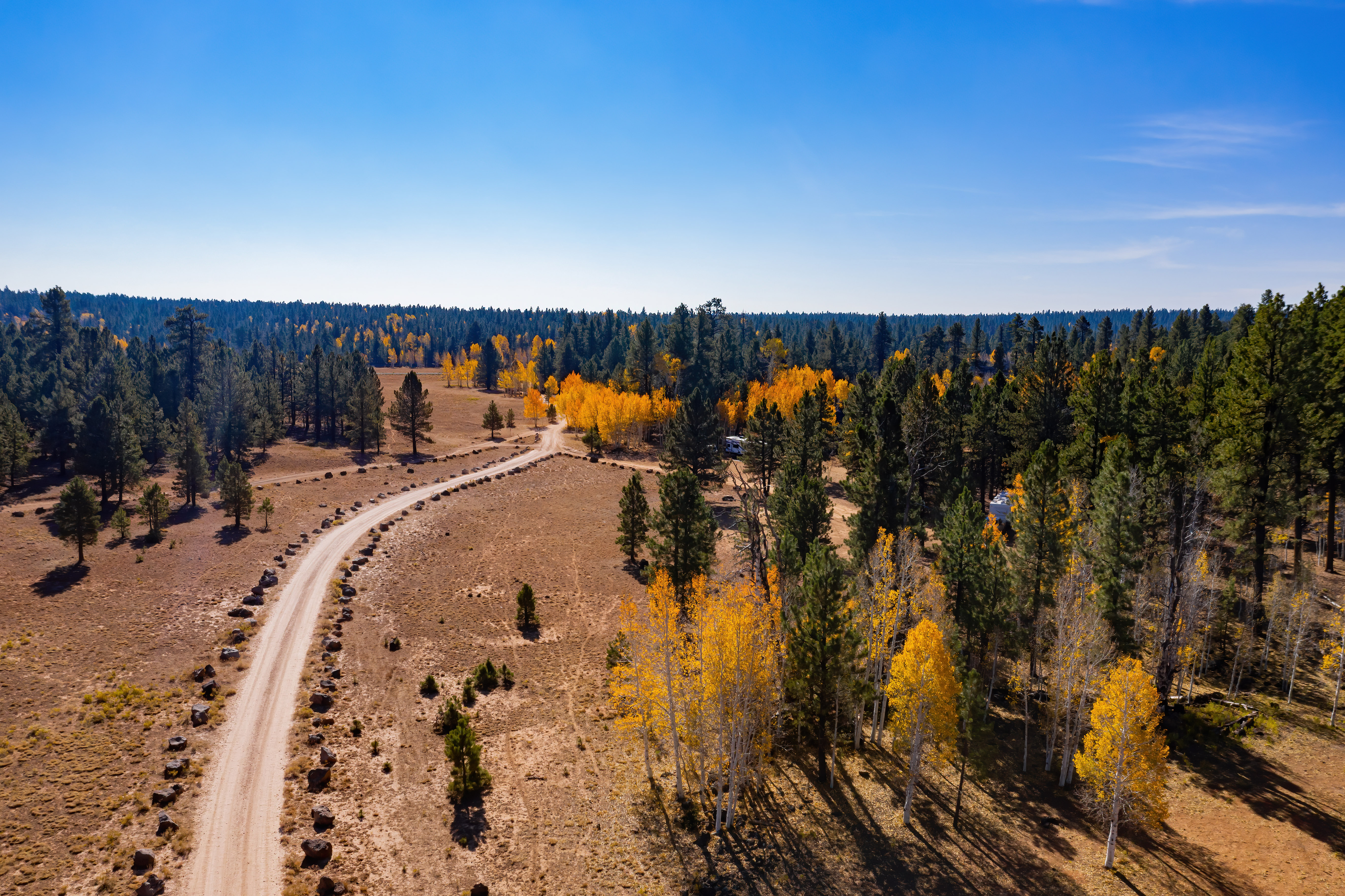 Aerial sunny fall color of the Uinta Flat Designated Dispersed Camping Area in Utah