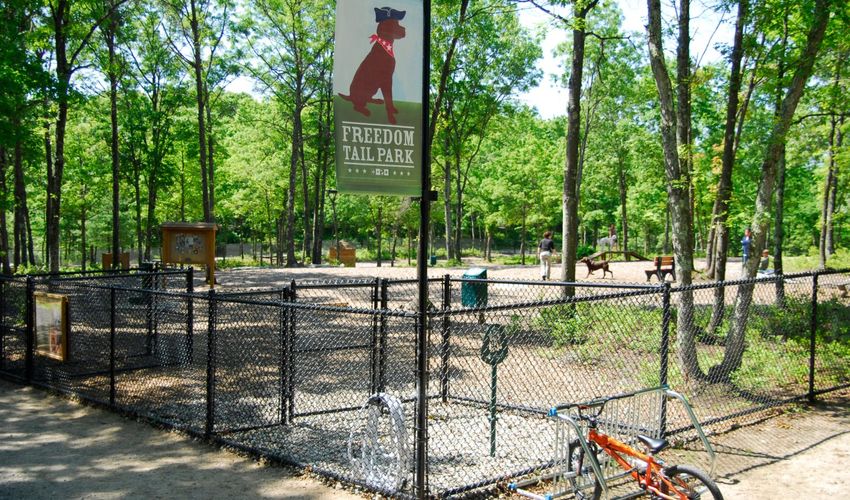 A fenced in dog park with a sign that reads “Freedom Tail Park”