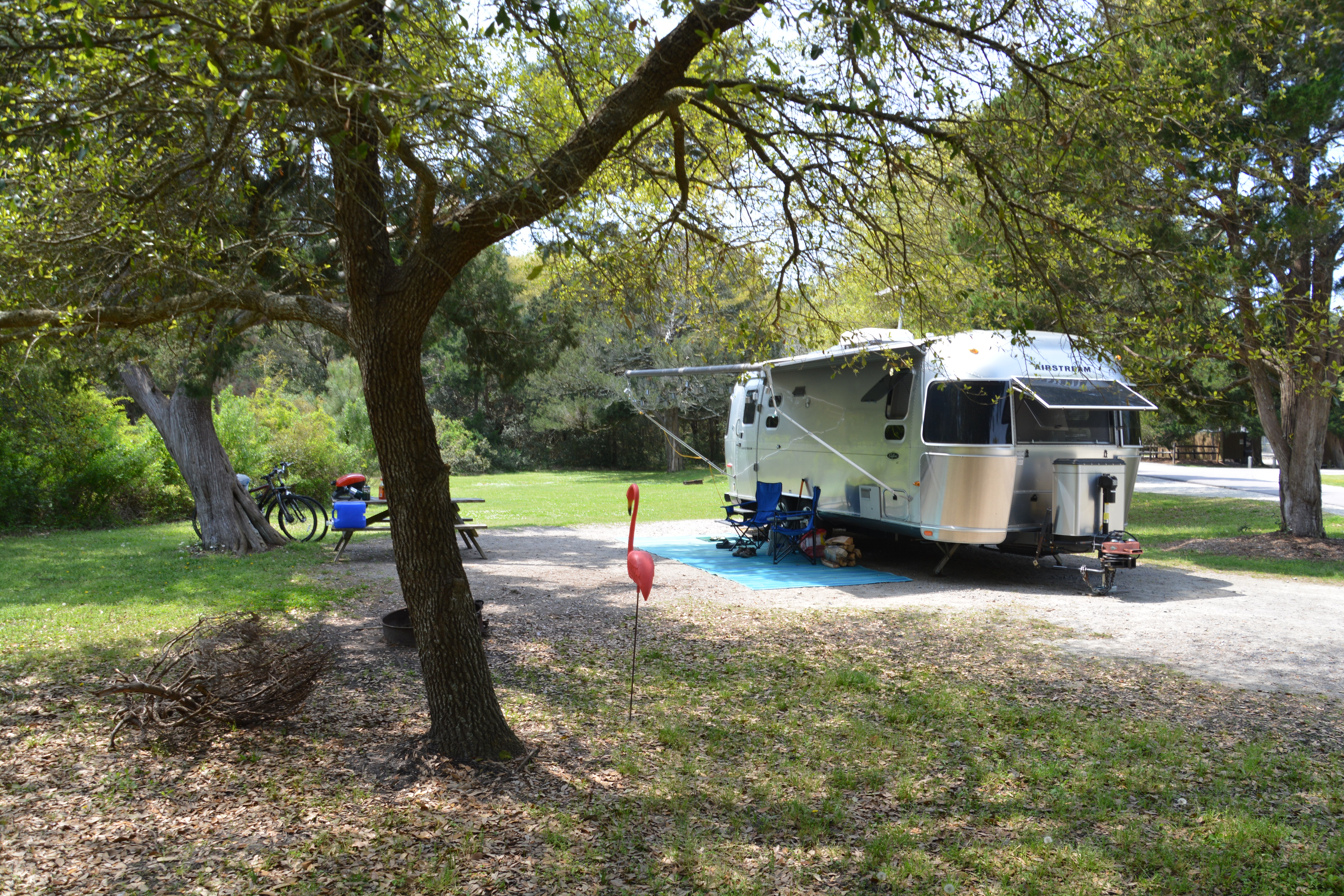 An Airstream RV parked in a campsite at Huntington Beach State Park, South Carolina