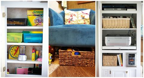 Three photos in a grid; the first shows various arts and craft supplies arranged neatly on shelves; the middle photo shows an armchair with a basket underneath it for storage in a living room; the final photo shows various electronics, a printer, and storage basket arranged neatly on a shelf